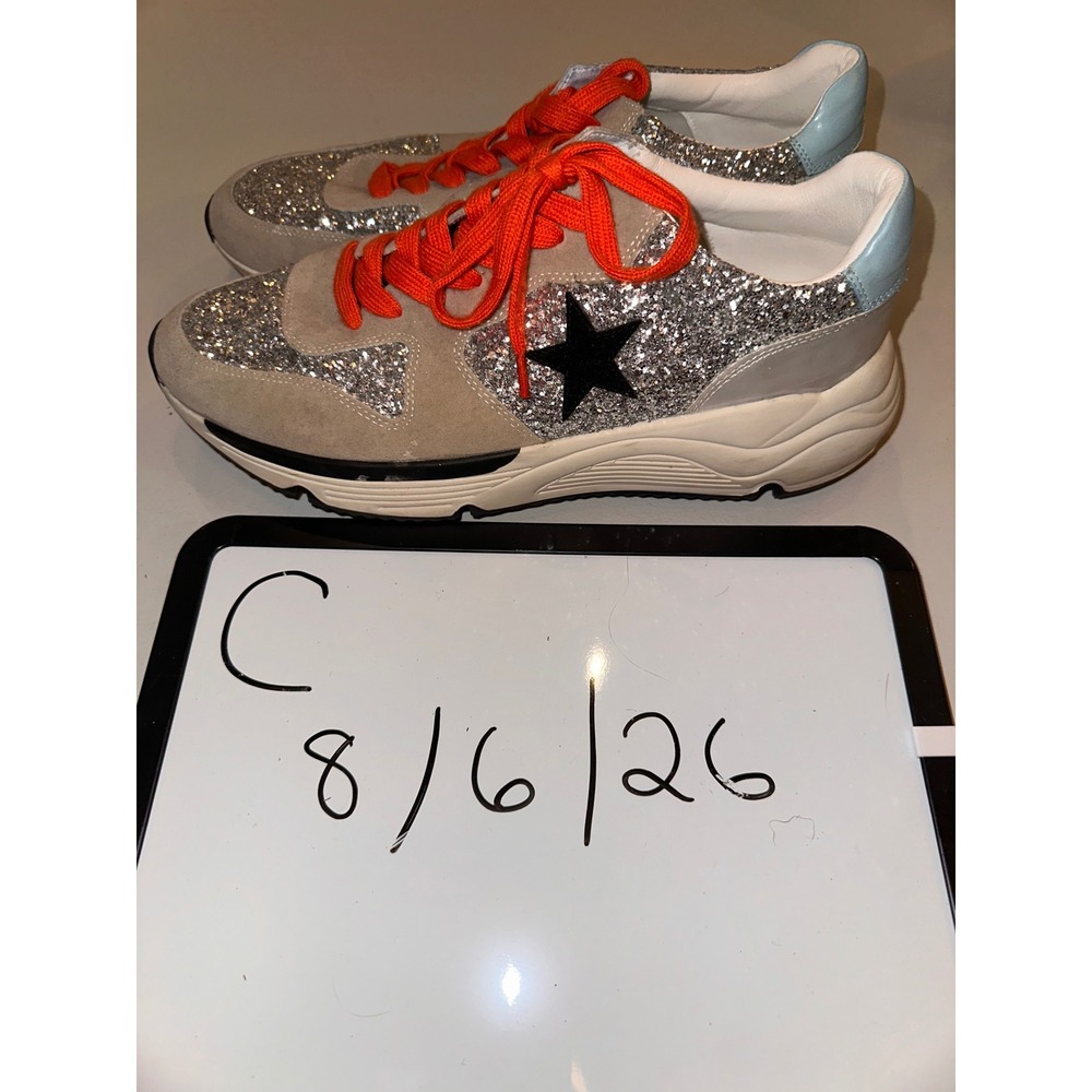 White Raven Silver Glitter Star Sneakers Tan Suede Orange Laces Womens 10